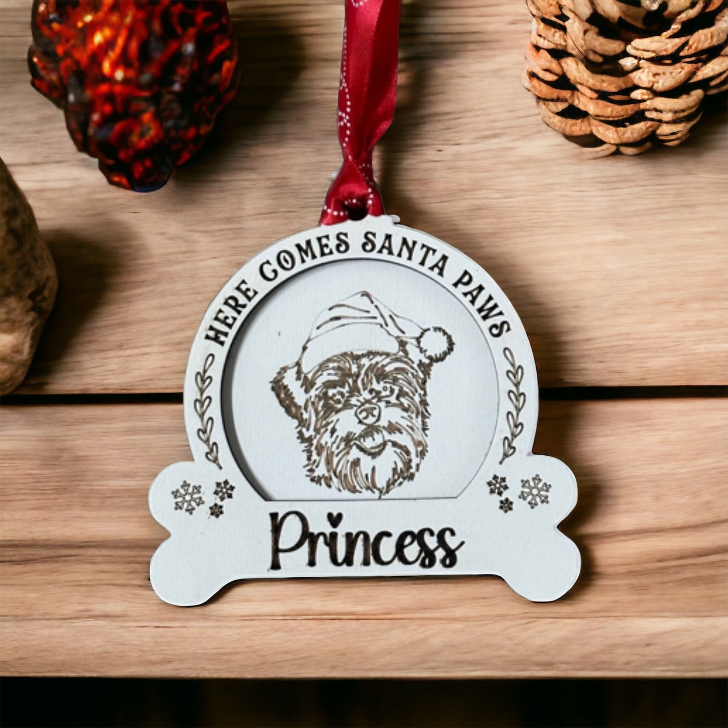 Yorkie or Yorkiepoo Here Comes Santa Paws Christmas Ornament